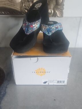 Yellow Box Black Wedge Sandals with Multicolor Jewel Accents